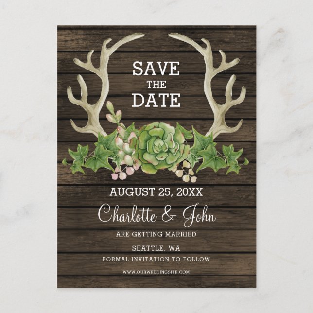 Rustic Barn Wood Succulent Antlers Country Chic Announcement Postcard (Front)