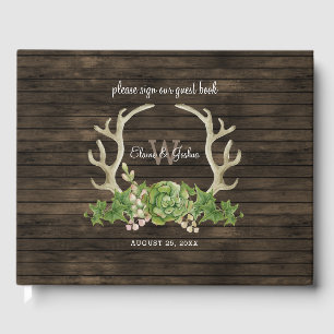 Rustic Barn Wood Succulent Antlers Country Wedding Guest Book