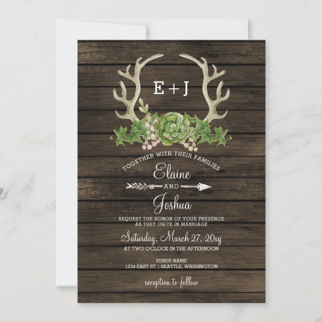 Rustic Barn Wood Succulent Antlers Wedding  Invitation (Front)