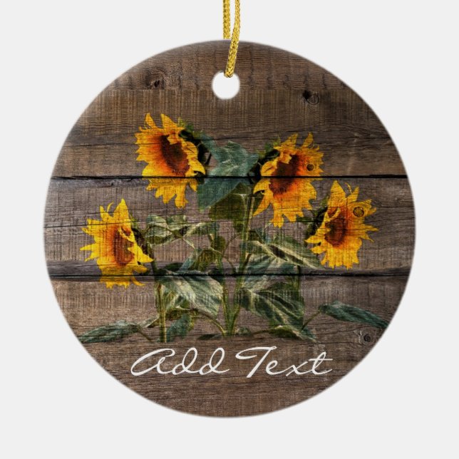 Rustic Barn Wood Sunflower Ceramic Ornament (Front)