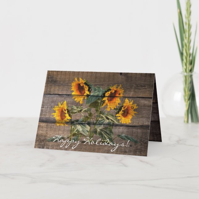 Rustic Barn Wood Sunflower Holiday Card (Front)