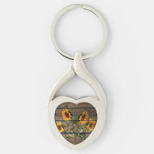 Rustic Barn Wood Sunflower Keychain (Front)