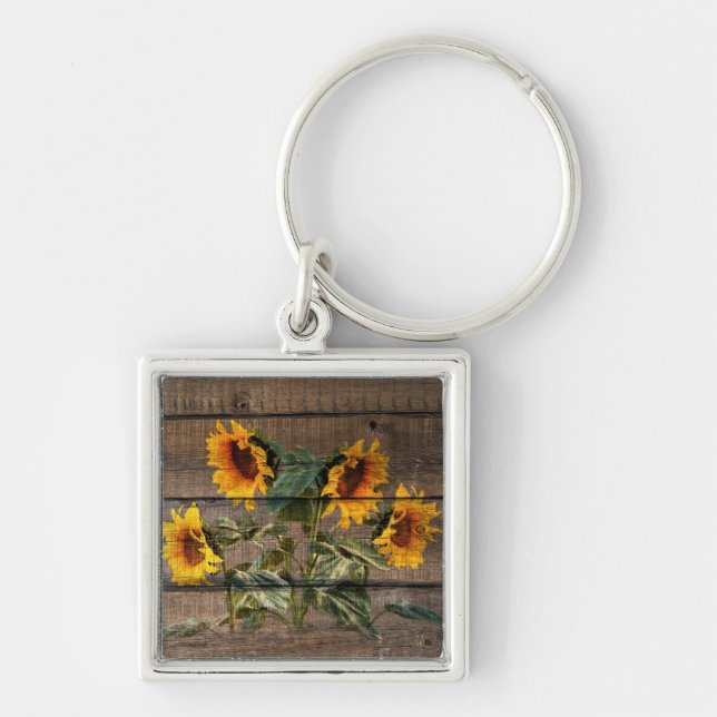 Rustic Barn Wood Sunflower Keychain (Front)