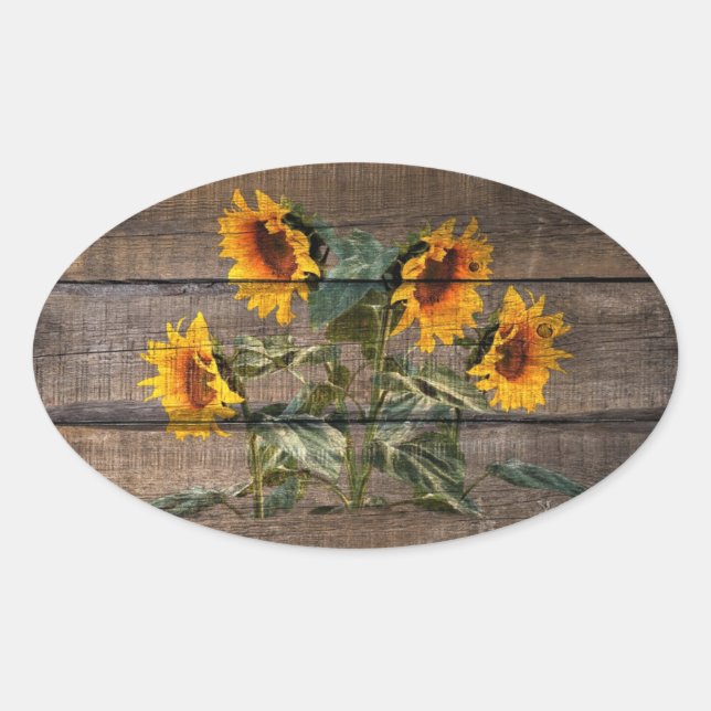 Rustic Barn Wood Sunflower Oval Sticker (Front)
