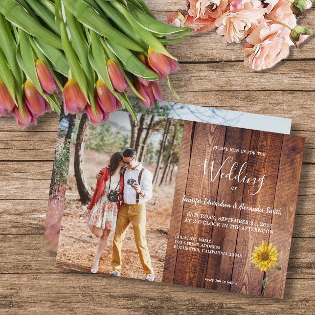 Rustic barn wood sunflower photo country Wedding Invitation (Create your own rustic wood sunflower photo wedding invitation. A very unique, personal invitation. )