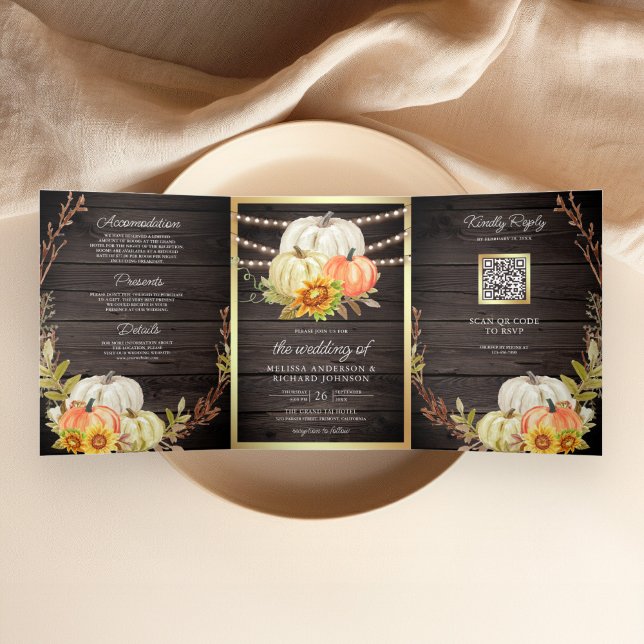Rustic Barn Wood Sunflower Pumpkin QR Code Wedding Tri-Fold Invitation (Creator Uploaded)