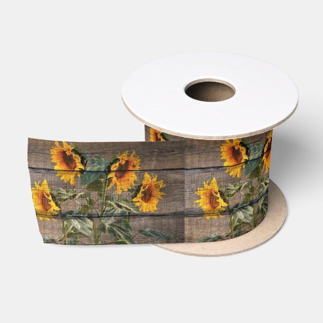 Rustic Barn Wood Sunflower Satin Ribbon (Spool)