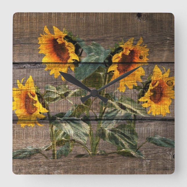 Rustic Barn Wood Sunflower Square Wall Clock (Front)