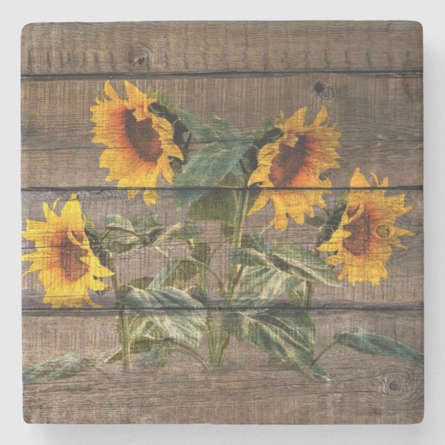 Rustic Barn Wood Sunflower Stone Coaster (Front)