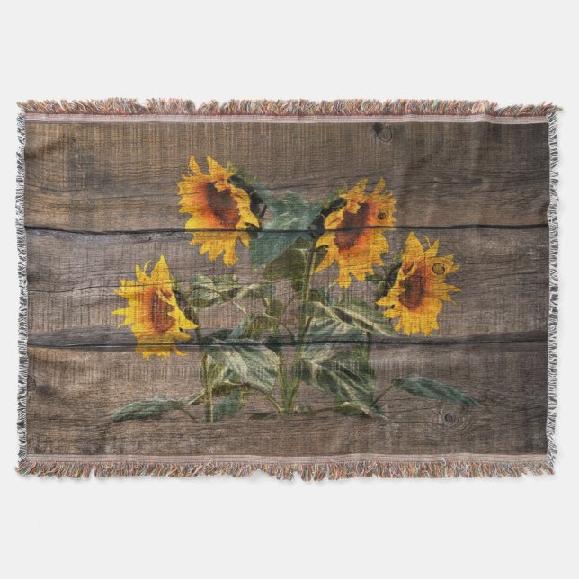 Rustic Barn Wood Sunflower Throw Blanket (Front)