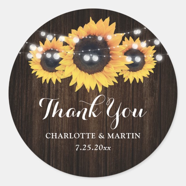 Rustic Barn Wood Sunflower Wedding Favour Classic Round Sticker (Front)