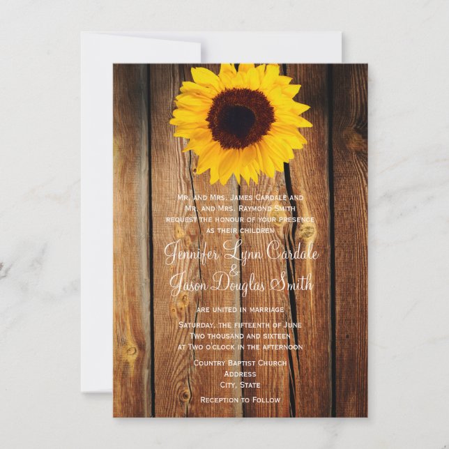 Rustic Barn Wood Sunflower Wedding Invitations (Front)