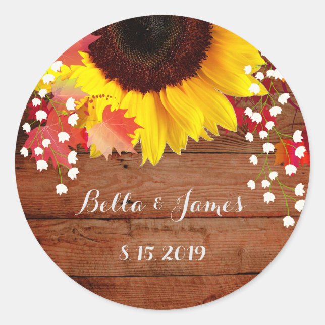 Rustic Barn Wood Sunflower Wedding Stickers (Front)