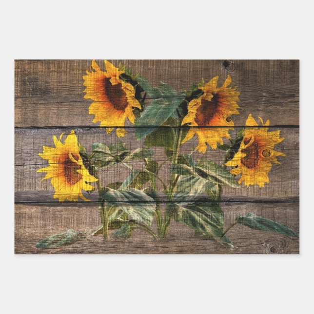 Rustic Barn Wood Sunflower Wrapping Paper Sheet (Front)