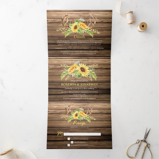 Rustic Barn Wood Sunflowers Antlers Wedding Tri-Fold Invitation (Inside)