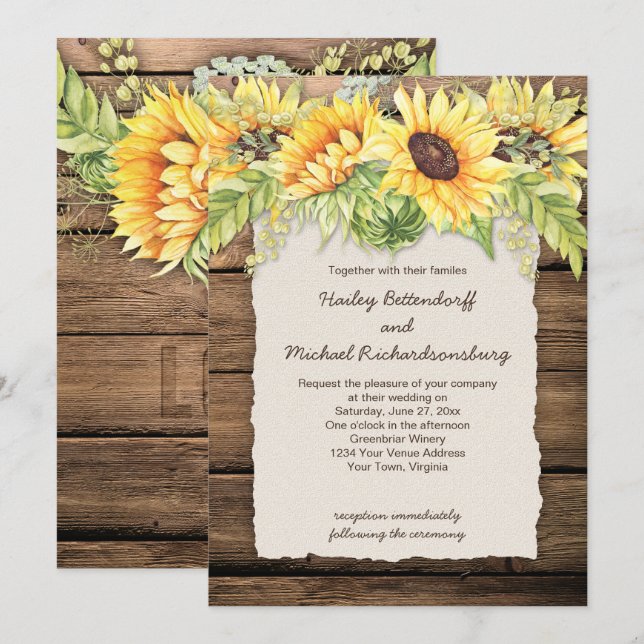 Rustic Barn Wood Sunflowers Deckle Edge Wedding Invitation (Front/Back)