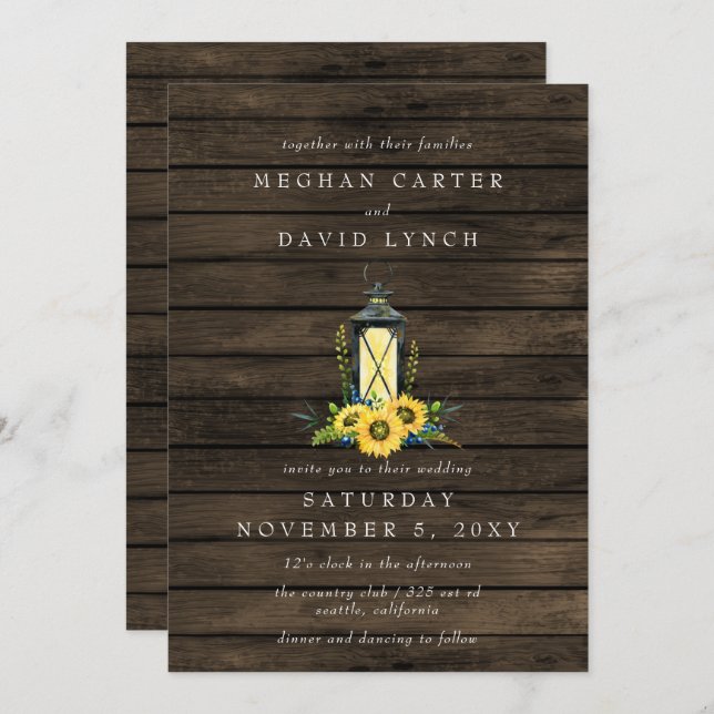 Rustic Barn Wood Sunflowers Lantern Wedding  Invitation (Front/Back)