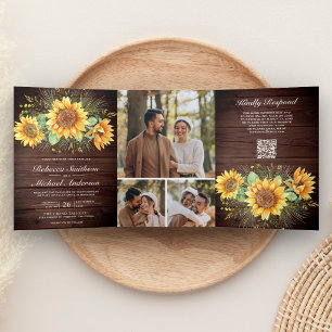 Rustic Barn Wood Sunflowers Photo QR Code Wedding Tri-Fold Invitation