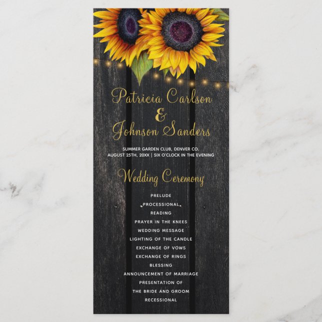Rustic barn wood sunflowers wedding program (Front)