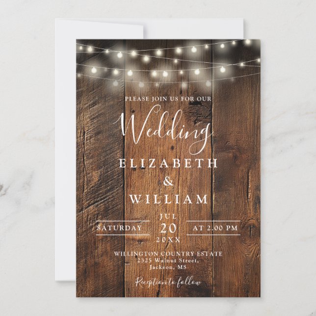 Rustic Barn Wood Wedding String Lights QR Code Invitation (Front)