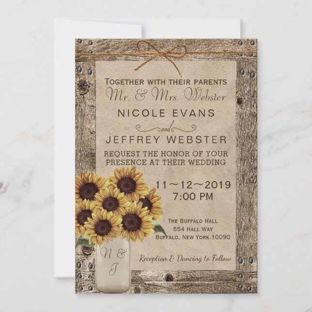 Rustic Barn Wood Wedding Sunflower Mason Jar Invitation (Front)