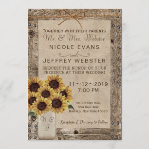 Rustic Barn Wood Wedding Sunflower Mason Jar Invitation