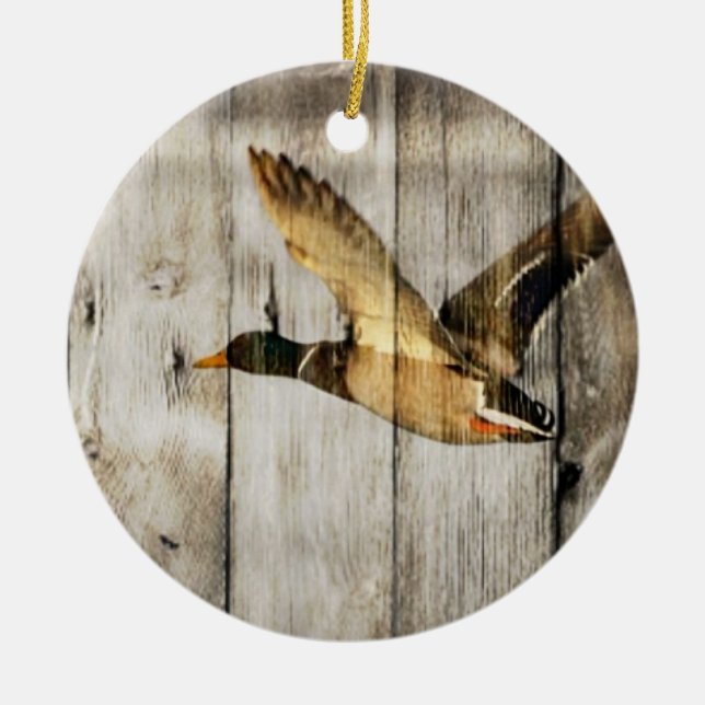 Rustic Barn wood Western Country flying Wild Duck Ceramic Ornament (Front)