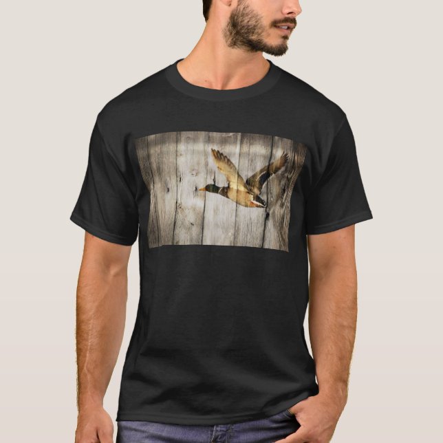 Rustic Barn wood Western Country flying Wild Duck T-Shirt (Front)