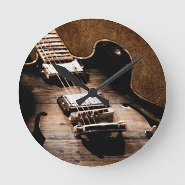 Rustic Barn Wood Western Country Music Guitar Round Clock (Front)