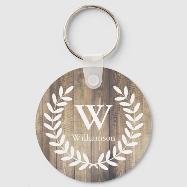Rustic Barn Wood & White Country Laurels Monogram Keychain (Front)