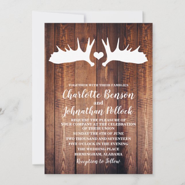 Rustic Barn Wood & White Moose Antlers Wedding Invitation (Front)