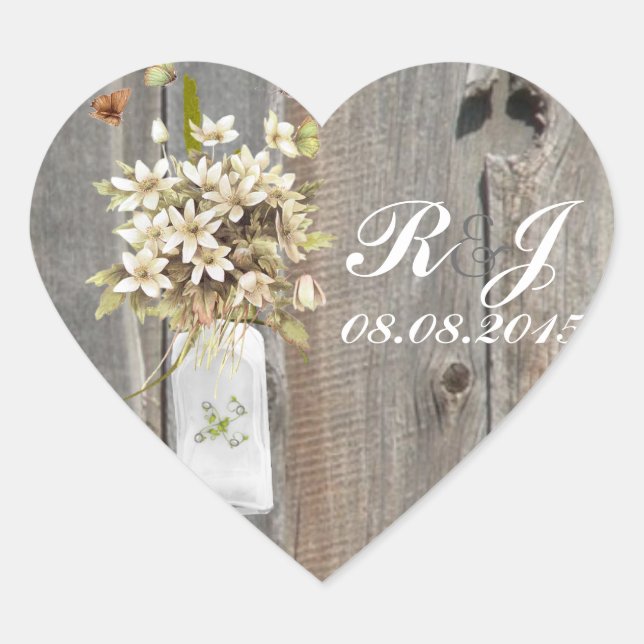 rustic barn wood wildflower country wedding heart sticker (Front)