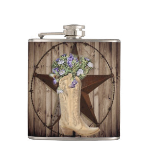 rustic barn wood wildflower cowboy western star hip flask