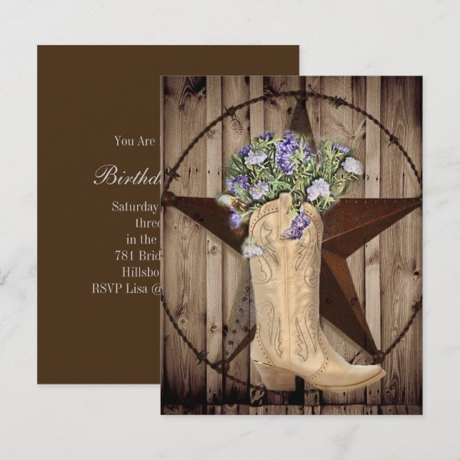 rustic barn wood wildflower cowboy western star invitation (Front/Back)