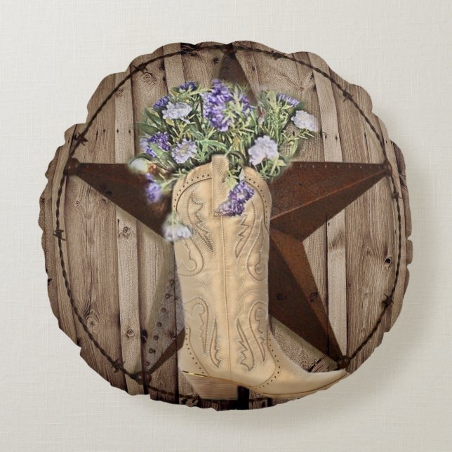 rustic barn wood wildflower cowboy western star round pillow (Front)