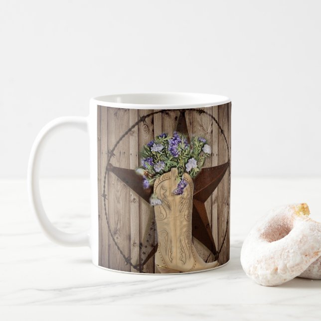 rustic barn wood wildflower western star cowgirl coffee mug (With Donut)