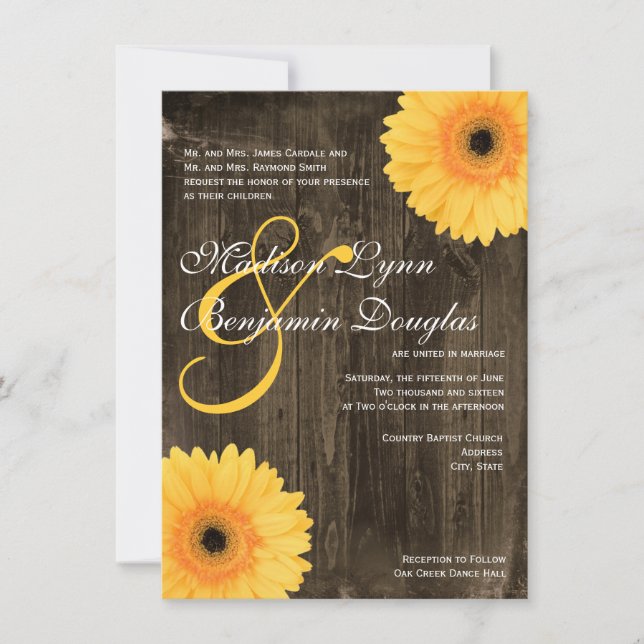 Rustic Barn Wood Yellow Daisy Wedding Invitations (Front)