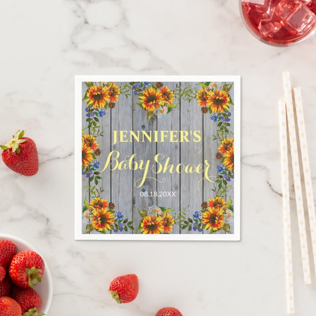 Rustic Barnwood Boho Sunflower Baby Shower Napkins (Insitu)