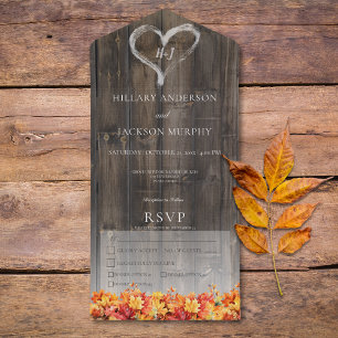 Rustic Barnwood & Fall Leaves Dinner All In One Invitation