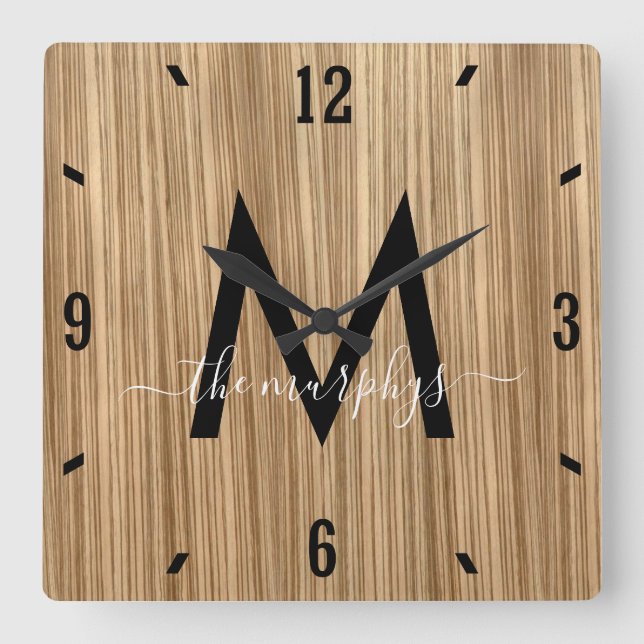 Rustic Barnwood Farmhouse Monogram Square Wall Clock (Front)