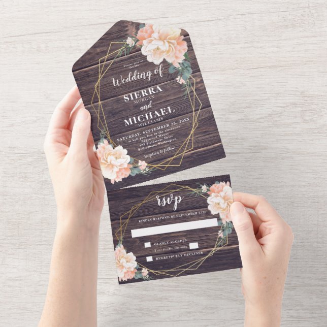 Rustic Barnwood Floral Peach Cream Gold Wedding All In One Invitation (Tearaway)