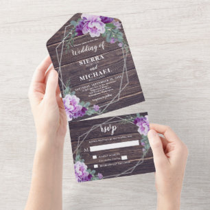 Rustic Barnwood Floral Silver & Purple Wedding All In One Invitation