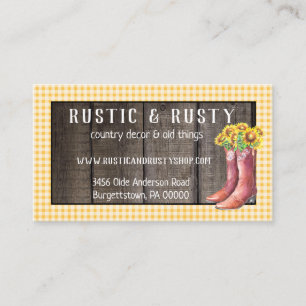Rustic Barnwood & Gingham Sunflower Country Business Card