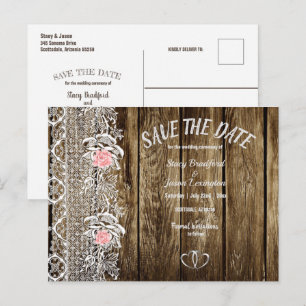 Rustic barnwood & Lace Save The Date Wedding Postcard