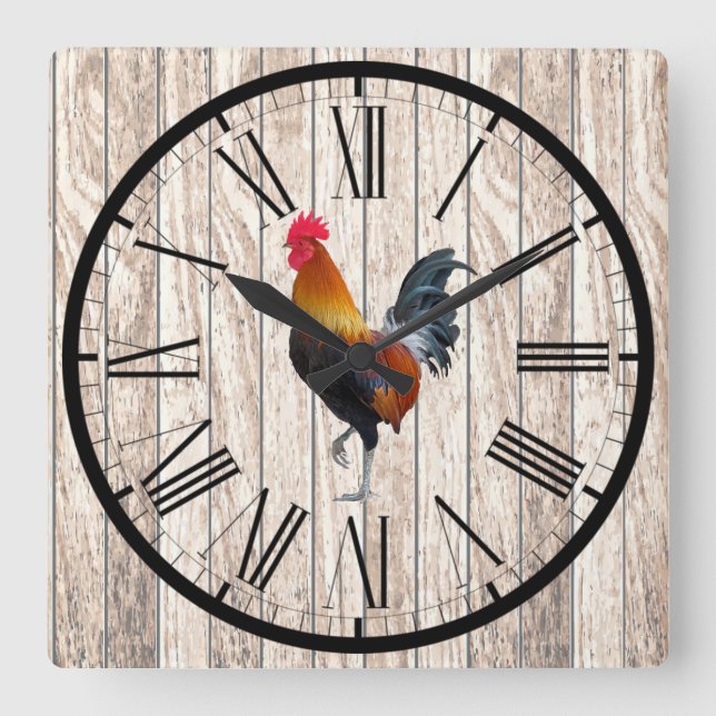 Rustic Barnwood-Look Farmhouse Rooster Design Square Wall Clock (Front)