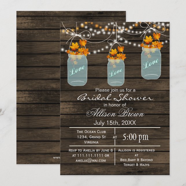 rustic barnwood maple mason jar fall bridal shower invitation (Front/Back)