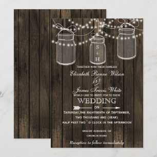 Rustic Barnwood, mason jar wedding invitations