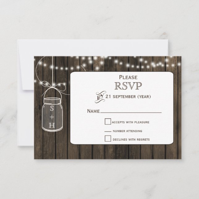 Rustic Barnwood,mason jar wedding RSVP 3.5 x 5 Card (Front)