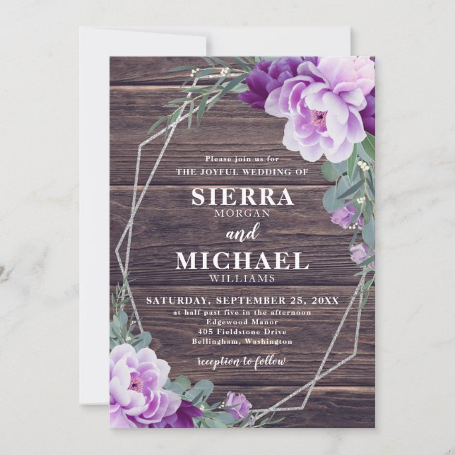 Rustic Barnwood Silver & Purple Floral Wedding Invitation (Front)
