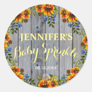Rustic Barnwood Sunflower Baby Sprinkle Classic Round Sticker